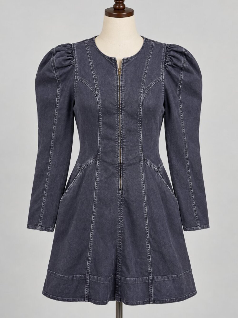 Ulla Johnson Dress 8 Gray Blue Denim Puff Sleeve Zip Front Fit Flare Short Mini